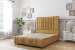 "Sloomy Kingsley Mustard Plush Divan Bed 2 Drawers Left Side-54"" Floor Standing Headboard 12""footboard 4' Small Double" - thumbnail 1