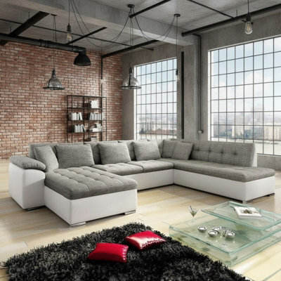 Niko Bis Fold Out U Shape Corner Sofa Chipboard Frame With Storage Bed 350X205X76 Cm Melange Grey And White Left - image 1