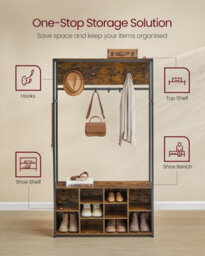 Industrial Entry Station, Space-Efficient Coat Storage With Open Compartment Design, Rustic Brown And Black - thumbnail 3
