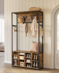 Industrial Entry Station, Space-Efficient Coat Storage With Open Compartment Design, Rustic Brown And Black - thumbnail 1