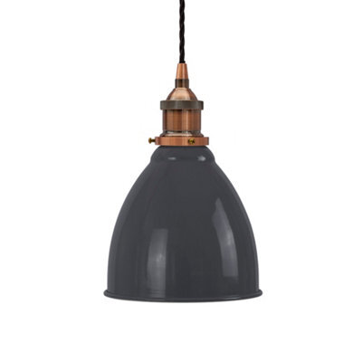 Slate Grey Classic Small Pantry Metal Painted Dome Pendant Light With Antique Copper Lamp Holder And Black Twisted Cable - Se Home - image 1