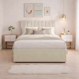 "6Ft Luxury Cream Plush Divan Super King Bed Frame With Mattress, 20"" Vertical Line Headboard, Bed With 2 Storage Drawers" - thumbnail 2