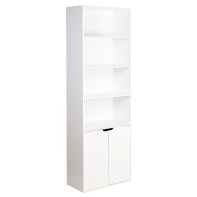 6 Tier White Bookcase With 2 Door Cupboard Cabinet Storage Shelving Display Wood Shelf - image 1