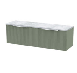 Hudson Reed Fluted Wall Hung 2-Drawer Vanity Unit & Bellato Grey Laminate Worktop, Counter Top Vanity Unit In Satin Green, 1200mm