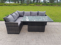 Fimous High Back Corner Rattan Garden Furniture 6 Seater Sofa Dining Rising Table Height Adjustable Table - thumbnail 1