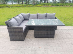 Fimous High Back Corner Rattan Garden Furniture 6 Seater Sofa Dining Rising Table Height Adjustable Table - thumbnail 5