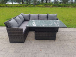 Fimous High Back Corner Rattan Garden Furniture 6 Seater Sofa Dining Rising Table Height Adjustable Table - thumbnail 4
