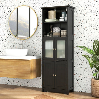Costway 163Cm Tall Bathroom Storage Cabinet Kitchen Pantry Cupboard W/ Glass Doors Black - image 1