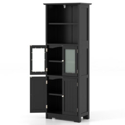 Costway 163Cm Tall Bathroom Storage Cabinet Kitchen Pantry Cupboard W/ Glass Doors Black - thumbnail 2