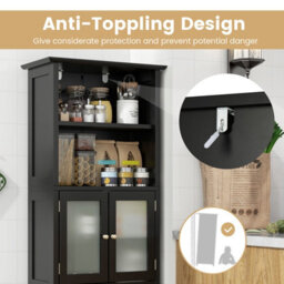 Costway 163Cm Tall Bathroom Storage Cabinet Kitchen Pantry Cupboard W/ Glass Doors Black - thumbnail 7