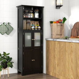 Costway 163Cm Tall Bathroom Storage Cabinet Kitchen Pantry Cupboard W/ Glass Doors Black - thumbnail 4