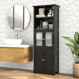 Costway 163Cm Tall Bathroom Storage Cabinet Kitchen Pantry Cupboard W/ Glass Doors Black