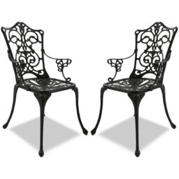 Homeology Tabreez 2-Large Garden And Patio Bistro Chairs With Armrests In Cast Aluminium Black - thumbnail 1