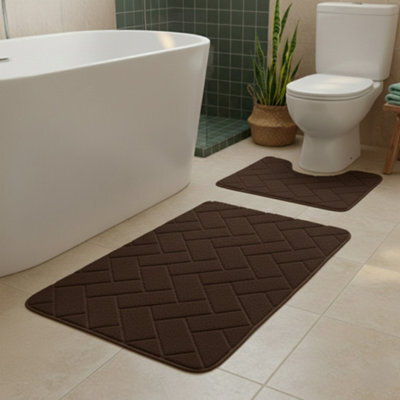 2 Piece Block Design Memory Foam Bath Mat Set Soft Absorbent Non-Slip Bathroom Chocolate - image 1