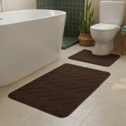2 Piece Block Design Memory Foam Bath Mat Set Soft Absorbent Non-Slip Bathroom Chocolate - thumbnail 1