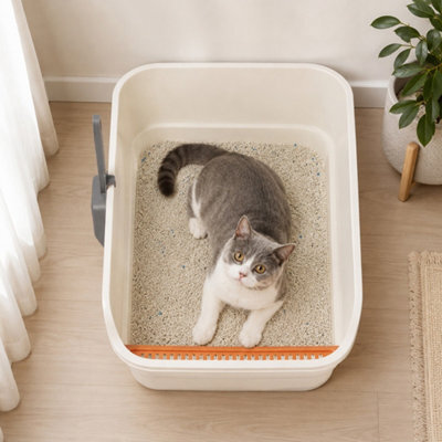 Skylos Cat Litter Tray Spacious High Sided Low Entry Open Pan For Cats Beige - image 1