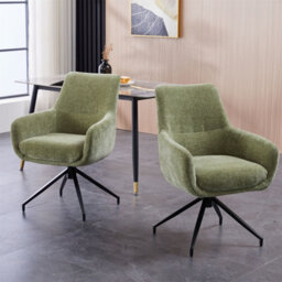 Padded Dining Chair With 180 Degree Auto Rotation, Chenille Fabric Upholstery, Metal Frame - Green