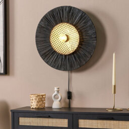 Beliani Wall Lamp Black Textured Paper Shade Japandi Accent Light, Round 50 X 12 Cm - thumbnail 1