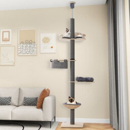Costway Floor To Ceiling Cat Tree 5-Tier Wooden Cat Tower W/ Hammock & Bed - thumbnail 3