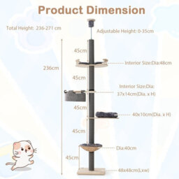 Costway Floor To Ceiling Cat Tree 5-Tier Wooden Cat Tower W/ Hammock & Bed - thumbnail 2