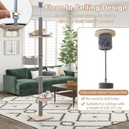 Costway Floor To Ceiling Cat Tree 5-Tier Wooden Cat Tower W/ Hammock & Bed - thumbnail 4