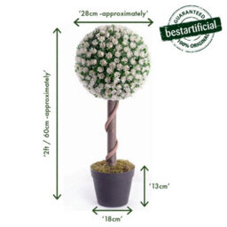 Best Artificial 2Ft / 60Cm White Rose Ball Tree Plant Garden Office Conservatory Tropical Indoor Outdoor - thumbnail 2