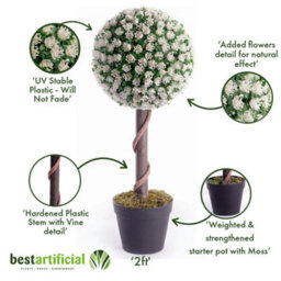 Best Artificial 2Ft / 60Cm White Rose Ball Tree Plant Garden Office Conservatory Tropical Indoor Outdoor - thumbnail 3