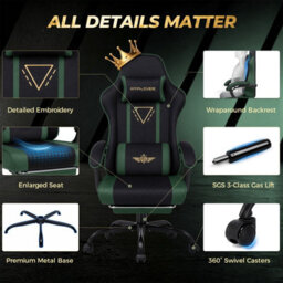 Luckracer Fabric Gaming Chair With Footrest Ergonomic Computer Chair Home Office High Back Heavy Duty Pc Chairs, Green - thumbnail 8