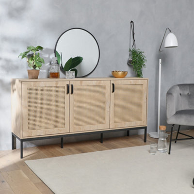 Vonhaus Wide Sideboard For Living Room, Rattan Effect Hallway Cabinet With 6 Storage Shelves, Scandi Look Storage Cabinet, Lena - image 1