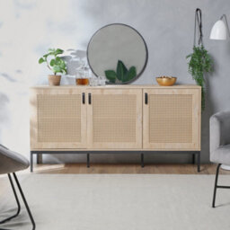 Vonhaus Wide Sideboard For Living Room, Rattan Effect Hallway Cabinet With 6 Storage Shelves, Scandi Look Storage Cabinet, Lena - thumbnail 3