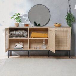 Vonhaus Wide Sideboard For Living Room, Rattan Effect Hallway Cabinet With 6 Storage Shelves, Scandi Look Storage Cabinet, Lena - thumbnail 2