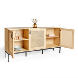 Vonhaus Wide Sideboard For Living Room, Rattan Effect Hallway Cabinet With 6 Storage Shelves, Scandi Look Storage Cabinet, Lena - thumbnail 7