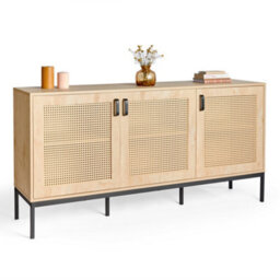 Vonhaus Wide Sideboard For Living Room, Rattan Effect Hallway Cabinet With 6 Storage Shelves, Scandi Look Storage Cabinet, Lena - thumbnail 6