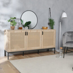 Vonhaus Wide Sideboard For Living Room, Rattan Effect Hallway Cabinet With 6 Storage Shelves, Scandi Look Storage Cabinet, Lena