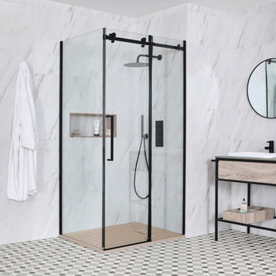 Homestylestore Black Reversible Corner Frameless Sliding Door Shower Enclosure With Sand Effect Tray 1400 X 900mm - image 1