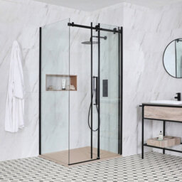 Homestylestore Black Reversible Corner Frameless Sliding Door Shower Enclosure With Sand Effect Tray 1400 X 900mm - thumbnail 2