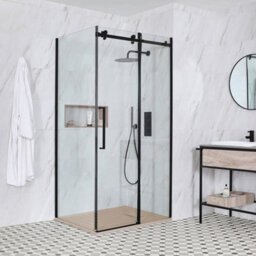 Homestylestore Black Reversible Corner Frameless Sliding Door Shower Enclosure With Sand Effect Tray 1400 X 900mm - thumbnail 1