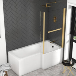 Royal Bathrooms Qubix 1600 X 850mm Acrylic Right Hand L-Shaped Shower Bathtub With Front, End Panel & Brushed Brass Towel Rail Screen - thumbnail 1