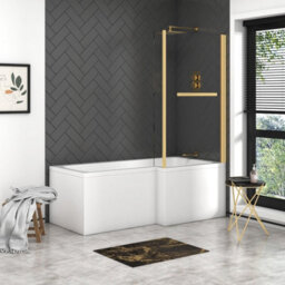 Royal Bathrooms Qubix 1600 X 850mm Acrylic Right Hand L-Shaped Shower Bathtub With Front, End Panel & Brushed Brass Towel Rail Screen - thumbnail 3