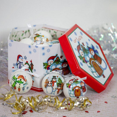 The Christmas Workshop 71580 Set Of 14 White Coloured Cartoon Snowman Design Christmas Baubles - image 1