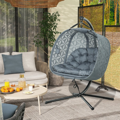 Outsunny Double Hanging Swing Chair W/ Stand & Cup Holders, Charcoal Grey - image 1