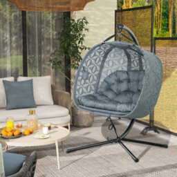Outsunny Double Hanging Swing Chair W/ Stand & Cup Holders, Charcoal Grey - thumbnail 1