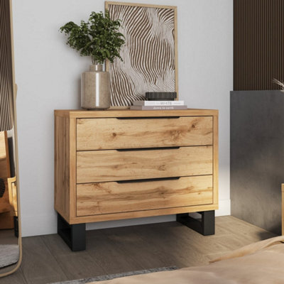 Arte Halle Chest Of Drawers 99Cm Oak Wotan & Black, Modern 3-Drawer Bedroom Chest With Sleek Black Handles - image 1