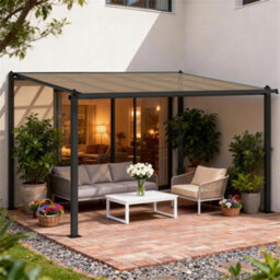 Outsunny 3.6 X 3 M Lean To Garden Pergola With Drainage Gutters, Dark Grey - thumbnail 1