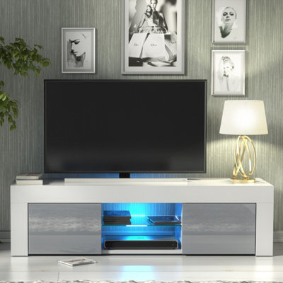 Creative Furniture Loom Tv Unit 130Cm - White & Grey Gloss Doors And Led Lights - image 1