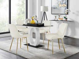 Furniturebox Giovani Rectangular 4 Seat White High Gloss Unique Halo Base Dining Table Black Glass Top 4 Cream Velvet Gold Leg Pesaro Chairs