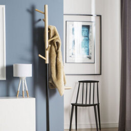 Wyld and Coco Lumina Coat Stand - Freestanding Light Wood And Black Jacket Rack For Hallway, Six Hooks, Tall Narrow Frame - thumbnail 1