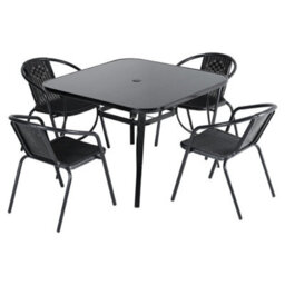 Living And Home Set Of 5 Black 4 Seater Garden Furniture Set Patio Glass Square Umbrella Table And Stackable Chairs Set 105 Cm - thumbnail 3