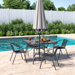 Living And Home Set Of 5 Black 4 Seater Garden Furniture Set Patio Glass Square Umbrella Table And Stackable Chairs Set 105 Cm - thumbnail 2
