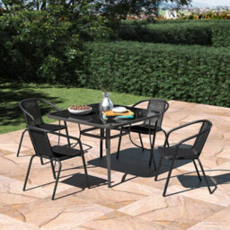 Living And Home Set Of 5 Black 4 Seater Garden Furniture Set Patio Glass Square Umbrella Table And Stackable Chairs Set 105 Cm - thumbnail 1